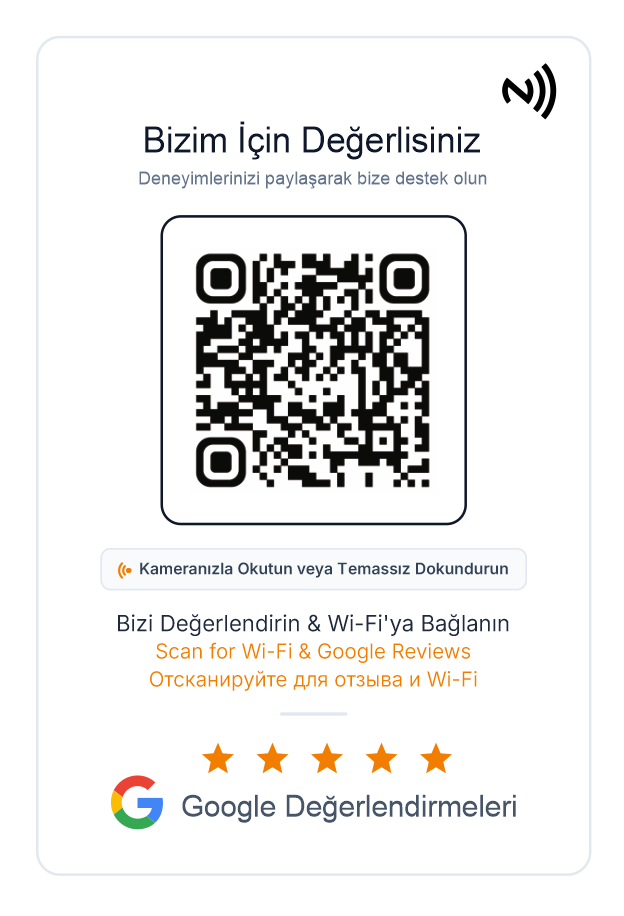 NFC destekli ve QR kodlu Google yorum ve Wi-Fi masa kartı