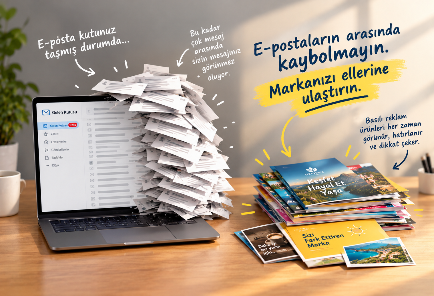 Dijital e-posta yoğunluğu ile renkli basılı pazarlama materyallerinin karşılaştırması