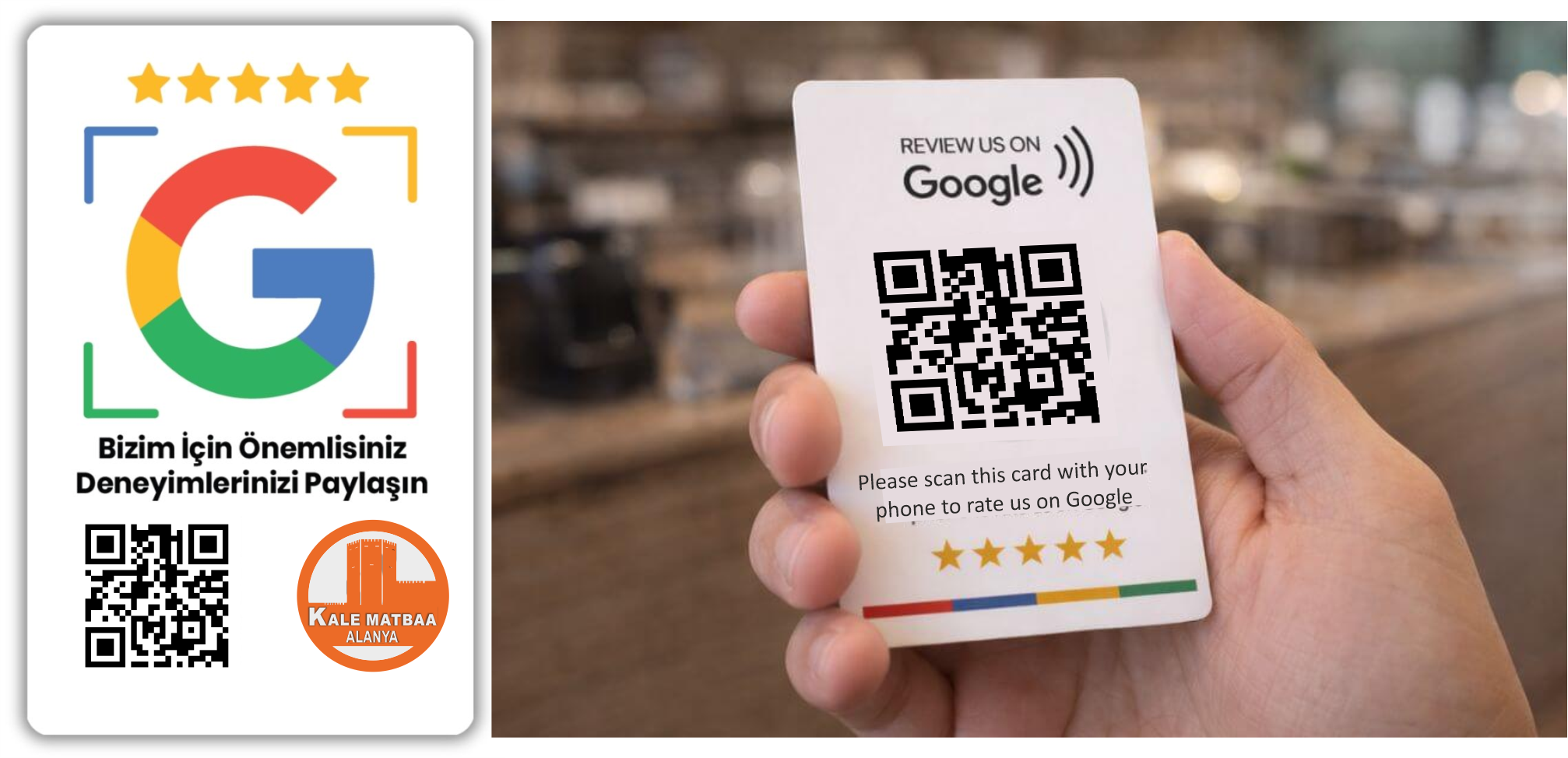 Google yorum kartı ve QR kodlu değerlendirme kartı