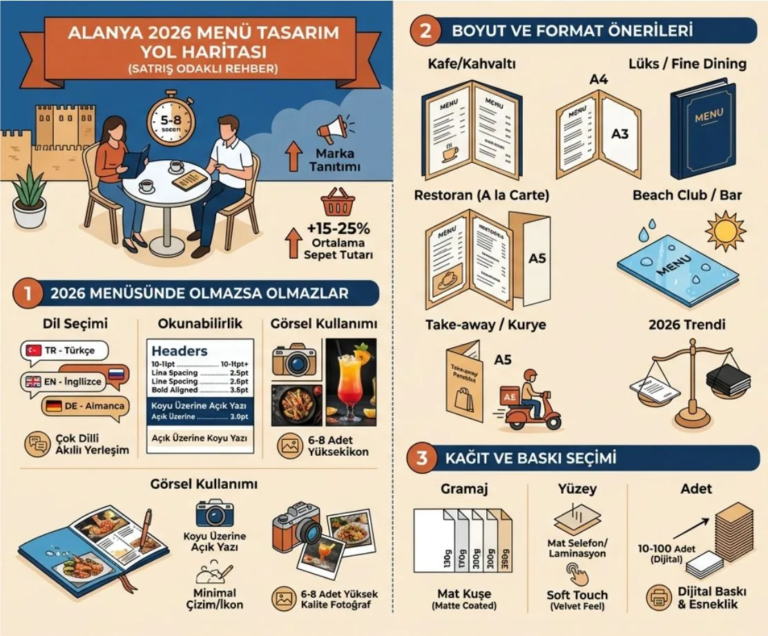 Alanya restoran ve kafeleri için profesyonel menü tasarımı ve baskısı